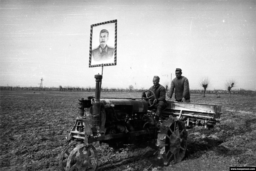 A poster of Soviet leader Josef Stalin atop one of the first tractors photographed at work in the fields of Uzbekistan.In early 1925, the region of today’s Uzbekistan was declared a republic of the Soviet Union. The Soviet takeover marked a period of ruthless transformation, which included executions of Uzbek political prisoners as well as literacy programs and industrialization.