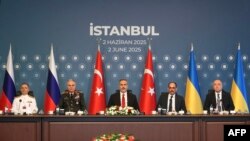 Members of Turkish delegation, (from 2nd L) Chief of Turkish General Staff General Metin Gürak, Turkish Foreign Minister Hakan Fidan, head of Turkish Intelligence Ibrahim Kalin, Turkish ambassador of Russian Mehmet Samsar, attend the second meeting with Russia and Ukraine delegations at the Ciragan Palace, in Istanbul, on June 2, 2025