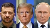 Ukrainian President Volodymyr Zelensky (left) says he is ready to sit down for peace talks in Budapest with US President Donald Trump (center), and Russian President Vladimir Putin. (composite file photo) 
