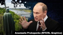 Памятник великому князю Владимиру Киевскому (979-1015) и президент России Владимир Путину. Коллаж