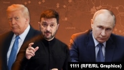 دا تصویر د روسیې ولسمشر پوتین (ښي لوري ته)، د اوکراین ولسمشر زېلېنسکي او د امریکا ولسمشر ټرمپ د جلا انځورونو له یو ځای کولو جوړ شوی - انځور له ارشیفه. 